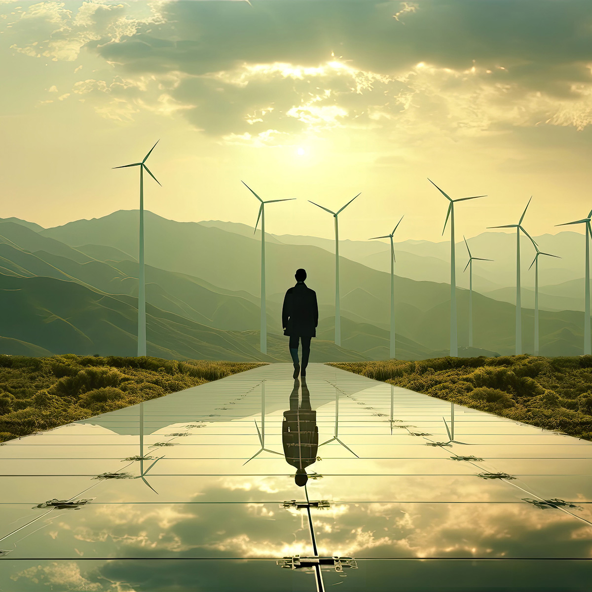 Stilisiertes Foto einer Person, welche über Solarpanele in Richtung einer hügeligen Landschaft geht - vor dieser Person befinden sich Windräder