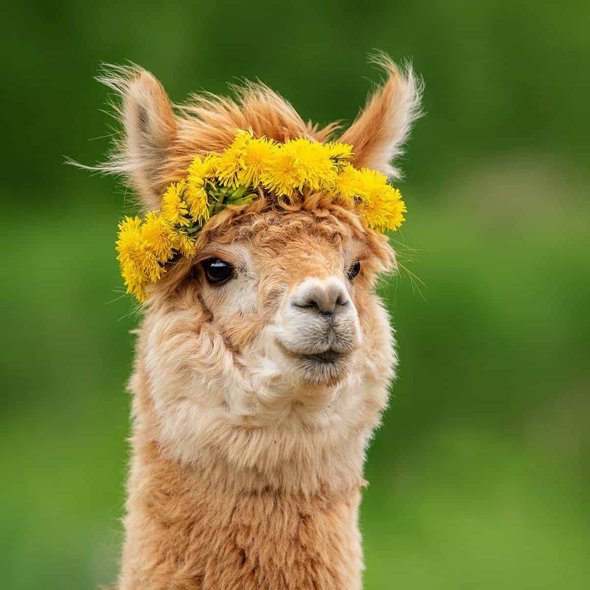 Alpaca mit einem Kranz aus gelben Blumen