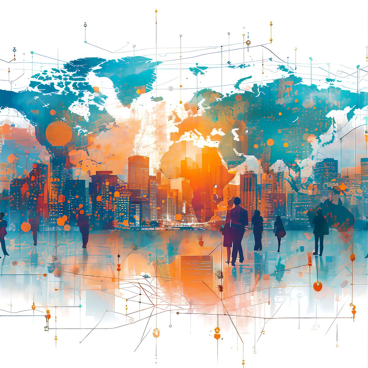 Stilisiert dargestelltes, zweifarbiges Sujet, bei dem Geschäftsleute vor einer großen Weltkarte spazieren
