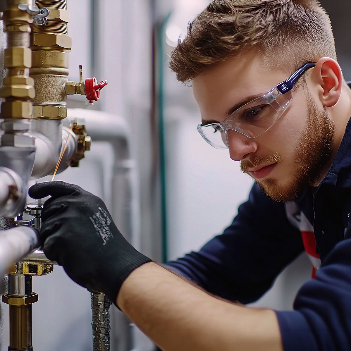Fachkraft mit Schutzbrille arbeitet an Rohrleitungen in einem Technikraum.