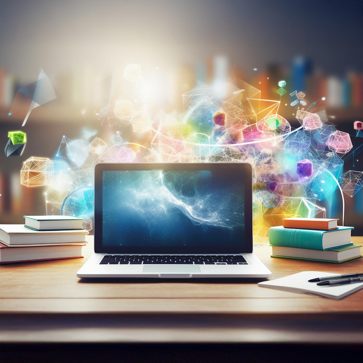 KI-generierter Arbeitsplatz mit Laptop, Büchern und Notizbuch