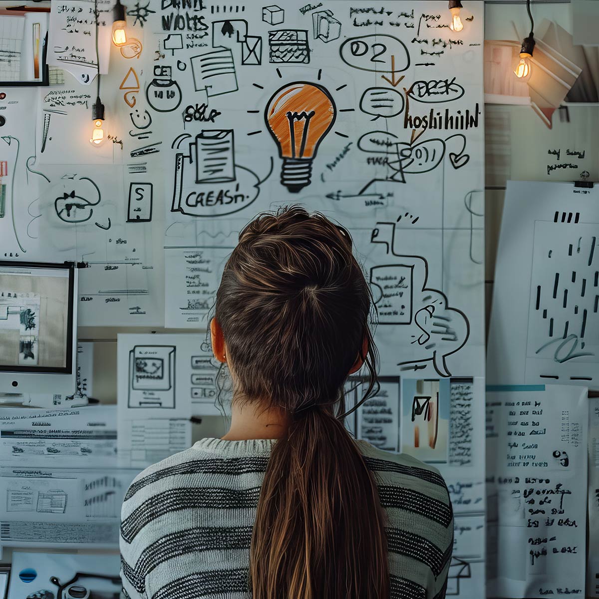 Schülerin von hinten vor einem vollgeschriebenen Flipchart