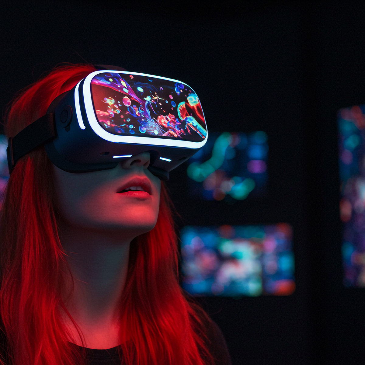 Frau steht mit VR-Brille in einem weitläufigen Raum, in dem im Hintergrund Bildschirme ersichtlich sind