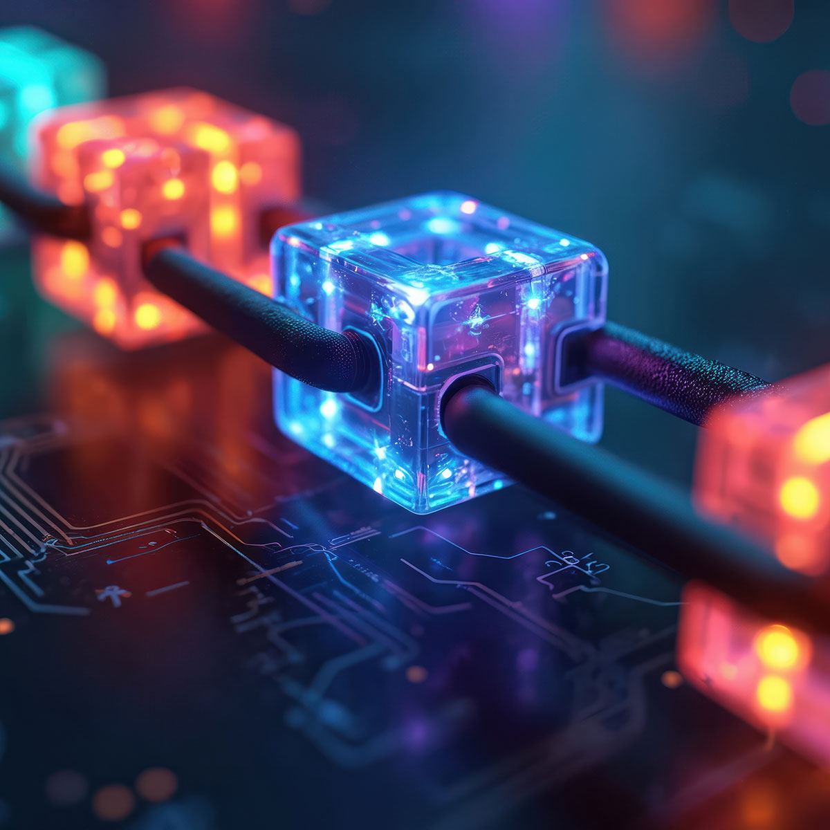 3D-Illustration: Vernetzte Leuchtwürfel auf einer Leiterplatte.