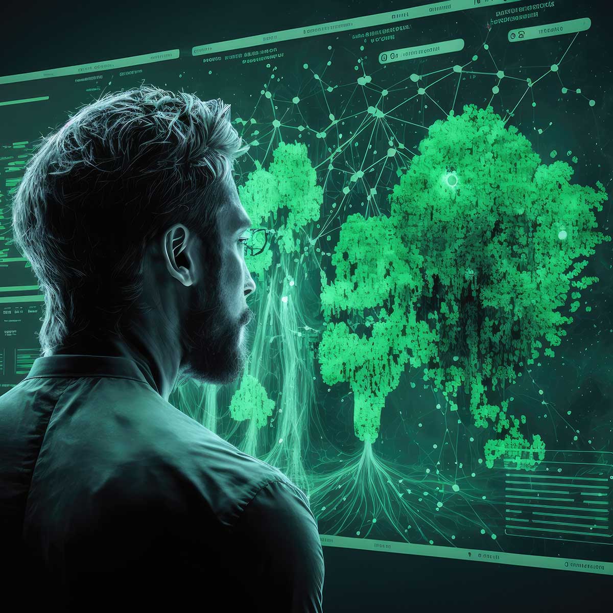 KI-generiertes Bild, auf dem ein Mann auch einen grünen Bildschirm blickt