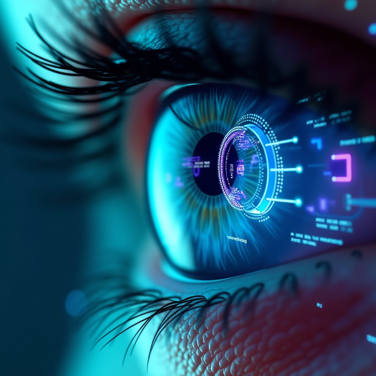 Nahaufnahme eines Auges mit einer digitalen Projektion, ki-generiert