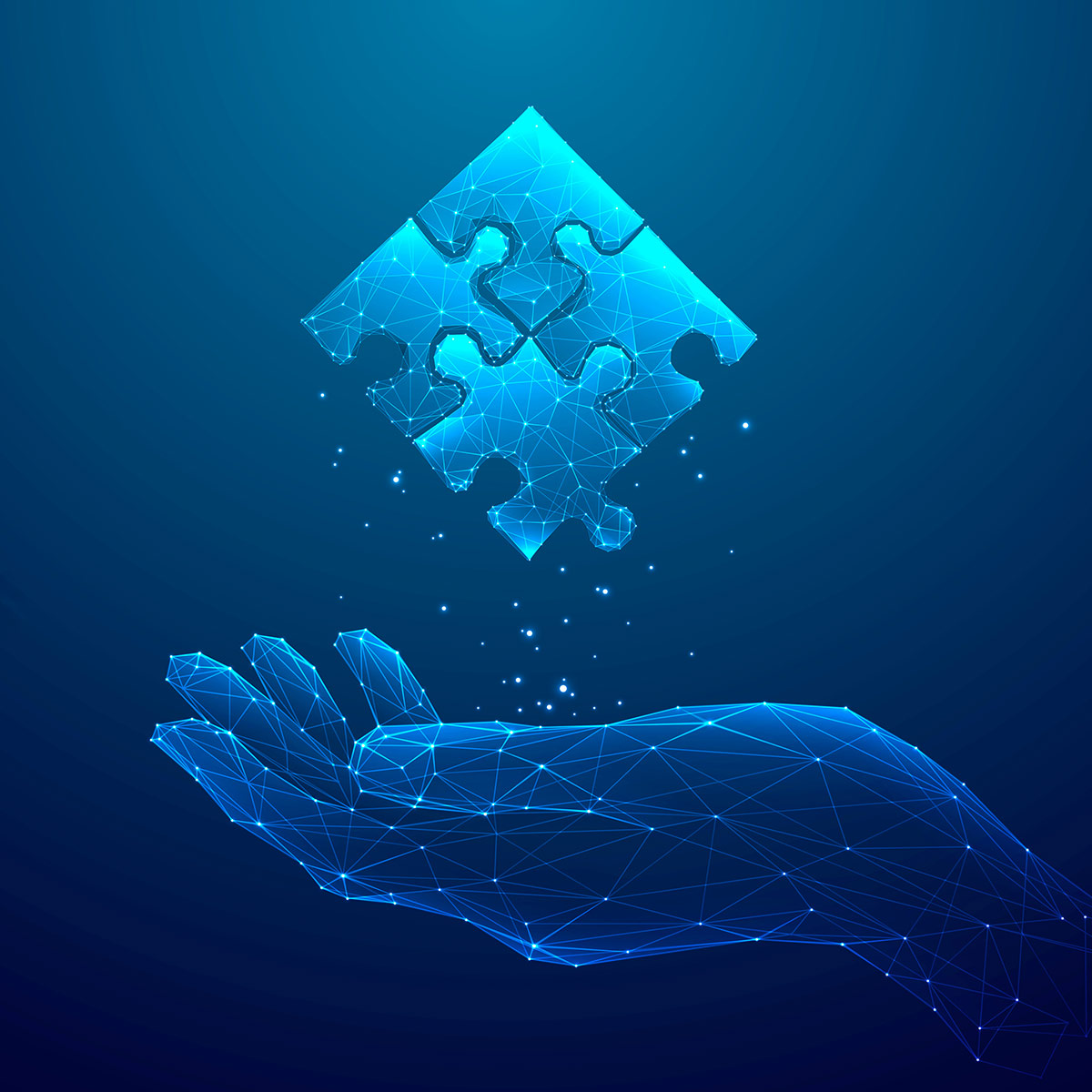 Illustration: Blaue digitale Hand unter drei leuchtenden, ineinandergreifenden Puzzleteilen.
