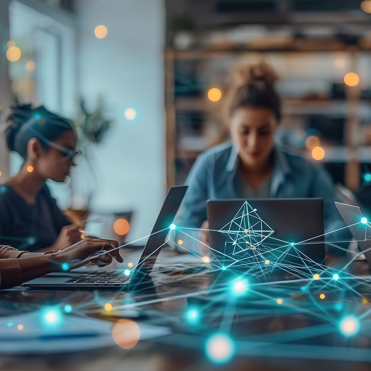 Fünf Personen arbeiten in einem Büro an Laptops, überlagert von einem digitalen Netzwerk, ki-generiert