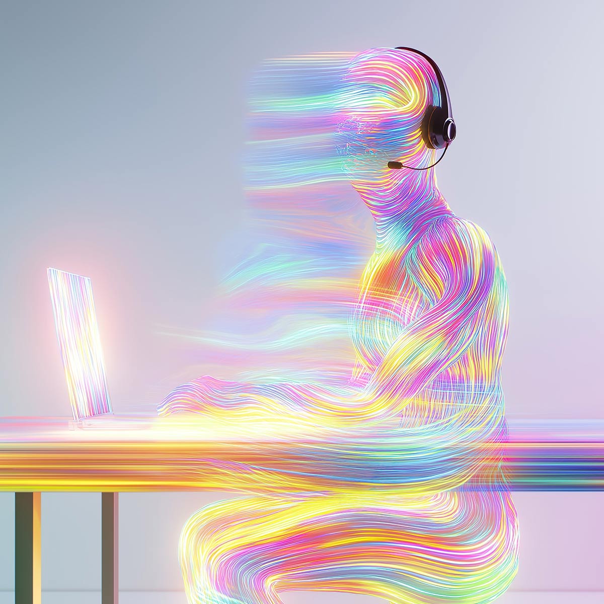 Illustration: Bunte Lichtfigur mit Headset arbeitet an einem Laptop