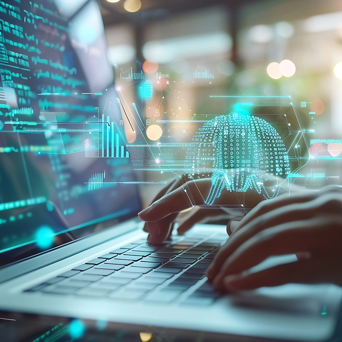 Person tippt auf Laptop, darüber digitale Datenvisualisierung zu Künstlicher Intelligenz, ki-generiert.