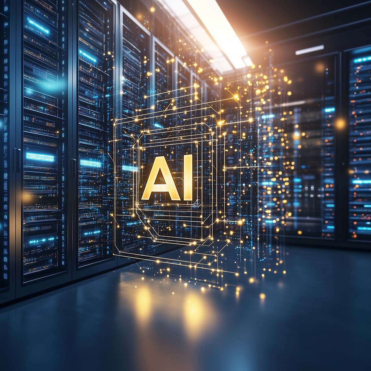 Leuchtendes KI-Symbol in einer Datenwolke inmitten eines Rechenzentrums voller blauer Lichter