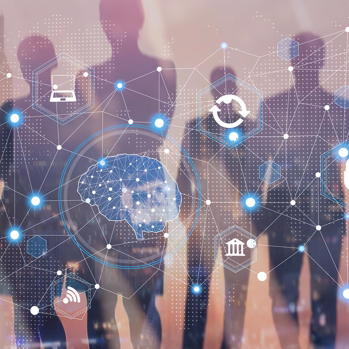 Symbolbild: vernetzte Menschen-Silhouetten mit Gehirn- und IT-Sicherheits-Icons
