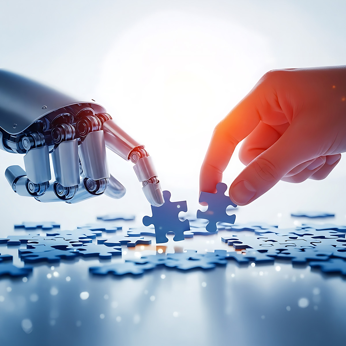 Menschliche Hand und Roboterhand fügen zwei Puzzleteile zusammen, ki-generiert