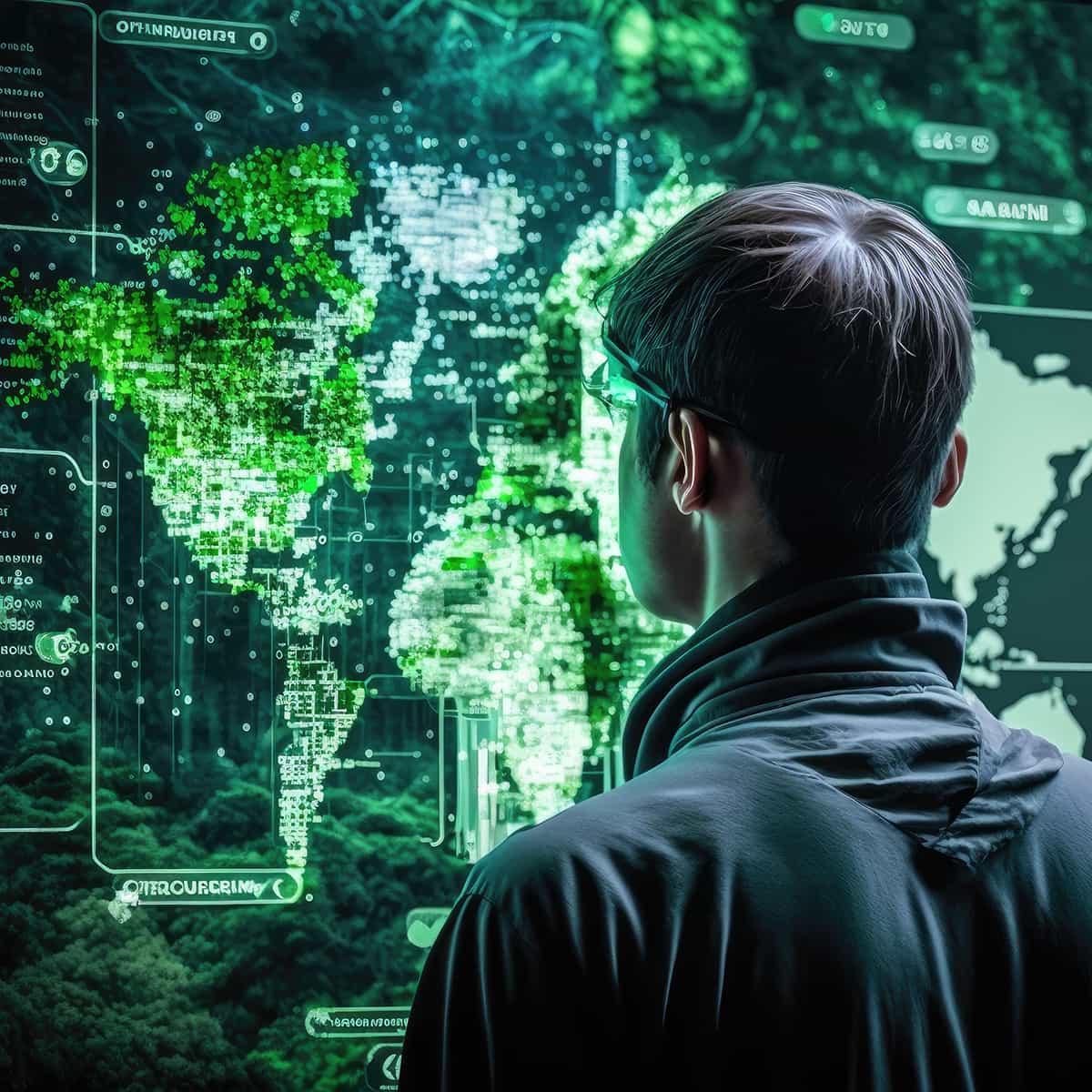 KI-generiertes Bild, das einen Mann zeigt, der auf einen grünen Bildschirm blickt