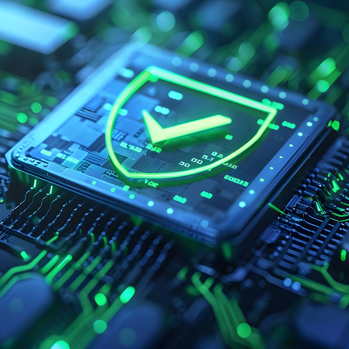 Symbolbild IT-Sicherheit: grünes Schutzschild mit Haken auf einem Computerchip