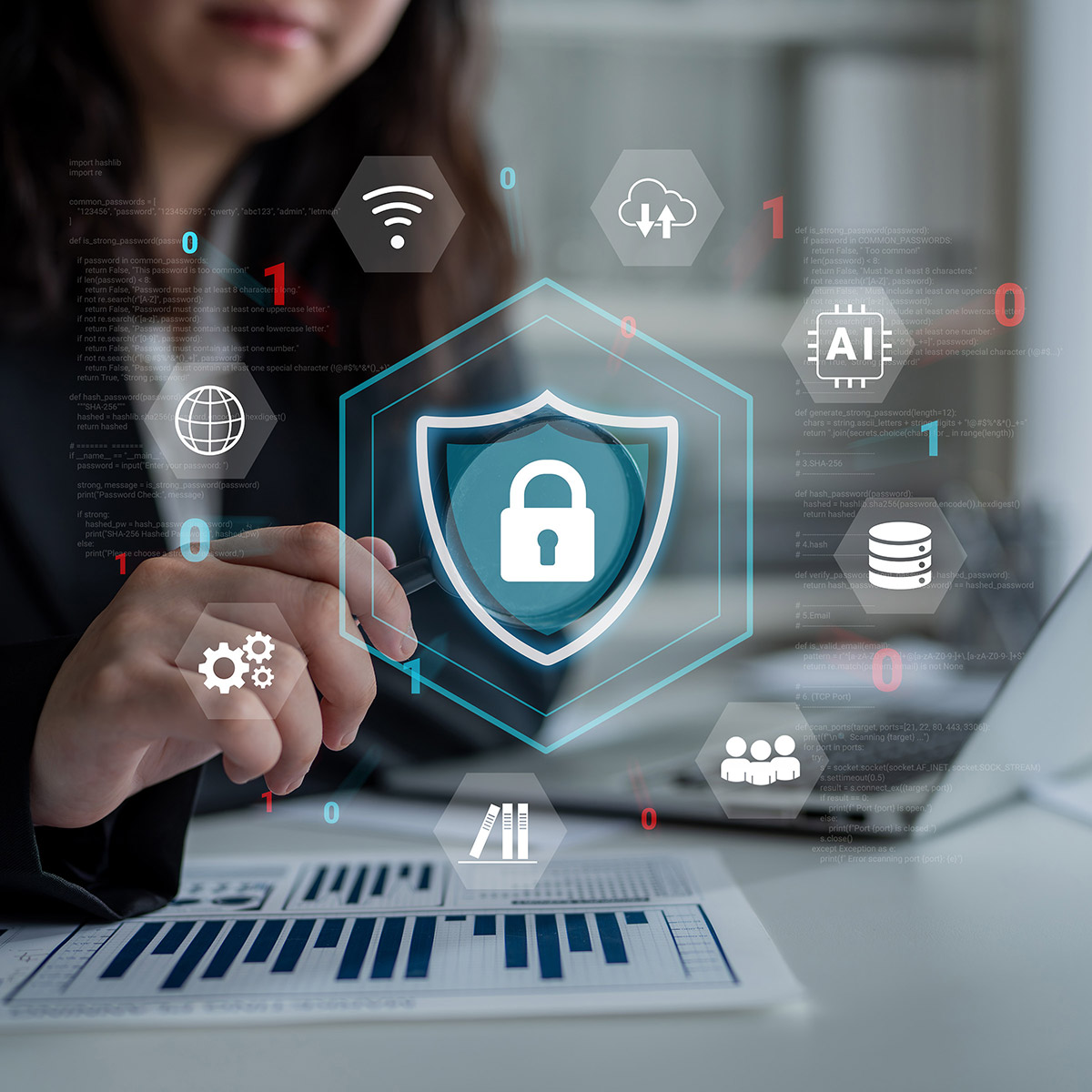 Person arbeitet am Laptop vor digitalen Symbolen für Cybersicherheit, KI, Cloud und Datenschutz.