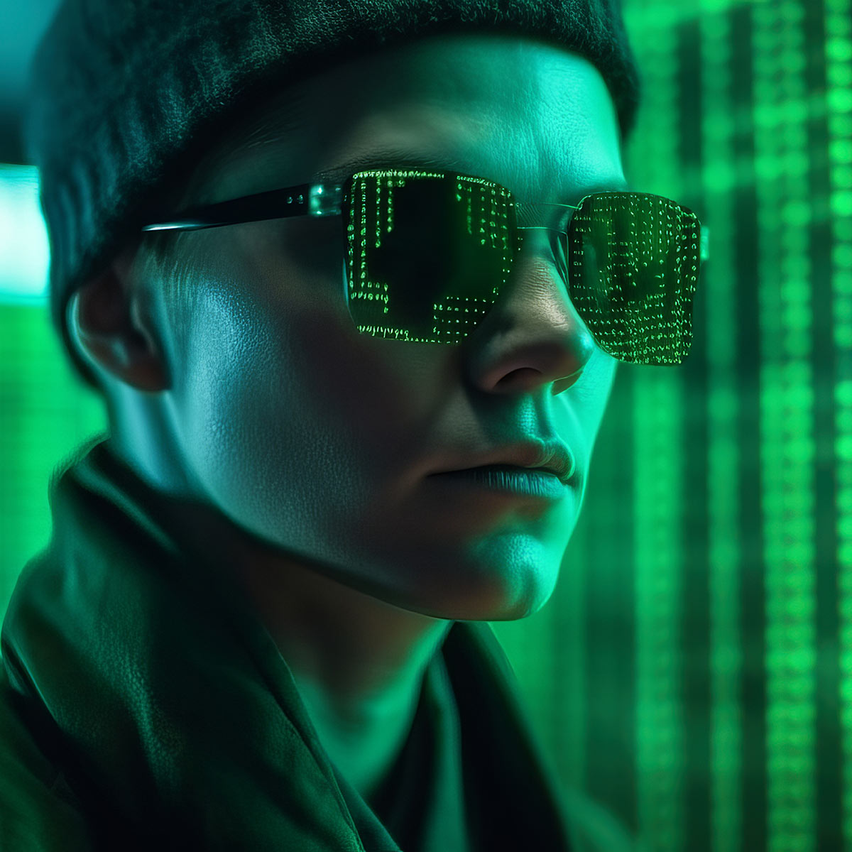 Junger Mann mit Haube und Sonnenbrille vor einem Bildschirm mit grünen Zeichen