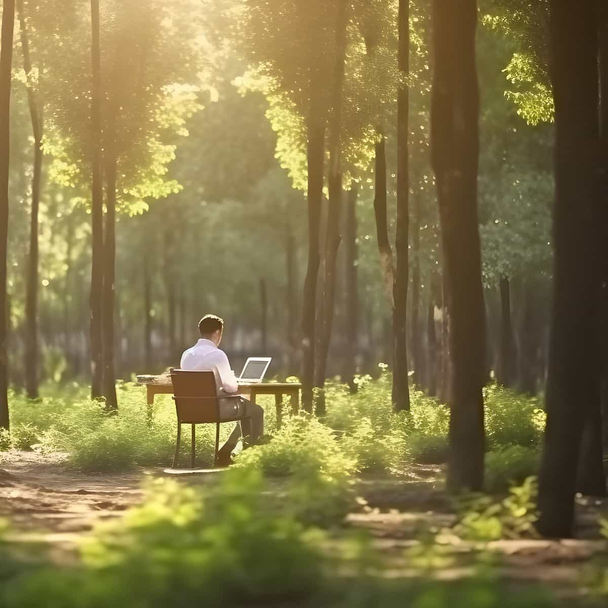 Ein Mann sitzt im Wald und arbeitet an seinem Laptop, KI-generiert