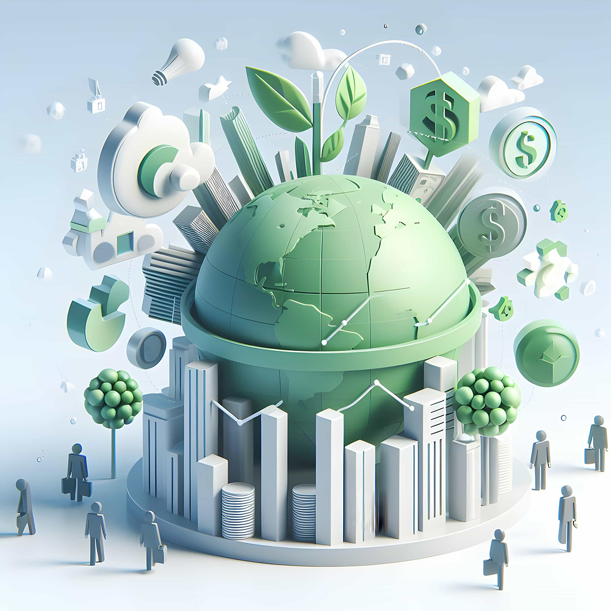 Grüne Weltkugel, um die Investitionen, grüne Innovationen und Gebäude kreisen