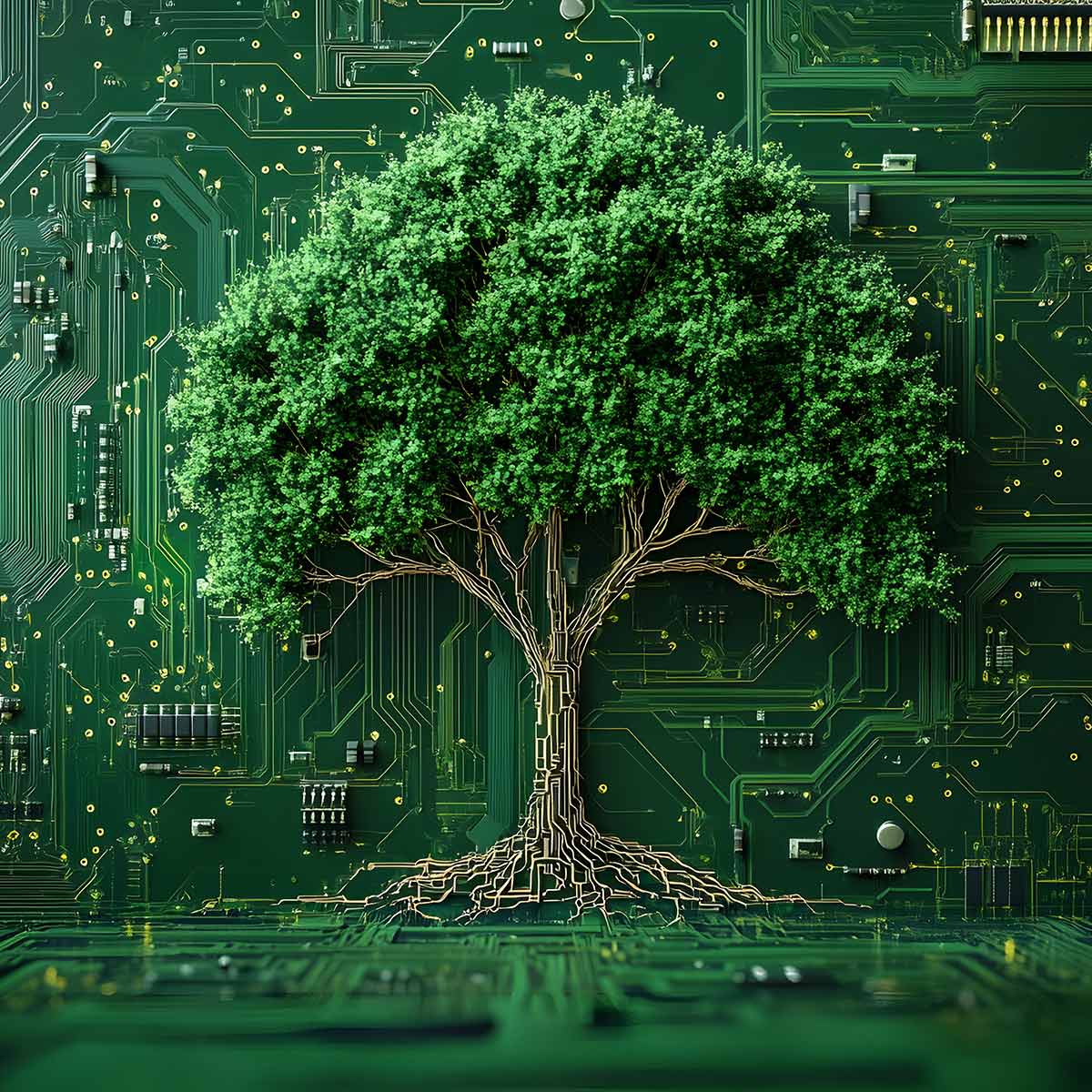 Baum, der aus einer Platine herauswächst und die Verbindung von Digitalisierung und Nachhaltigkeit zeigt