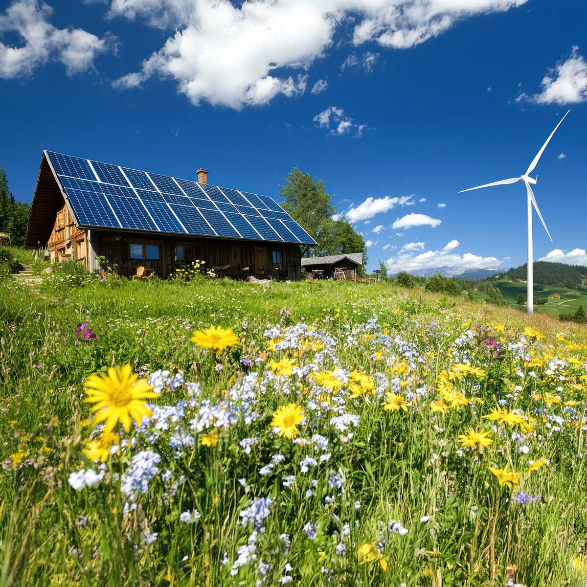 Almhütte mit Photovoltaikanlage und Windrad