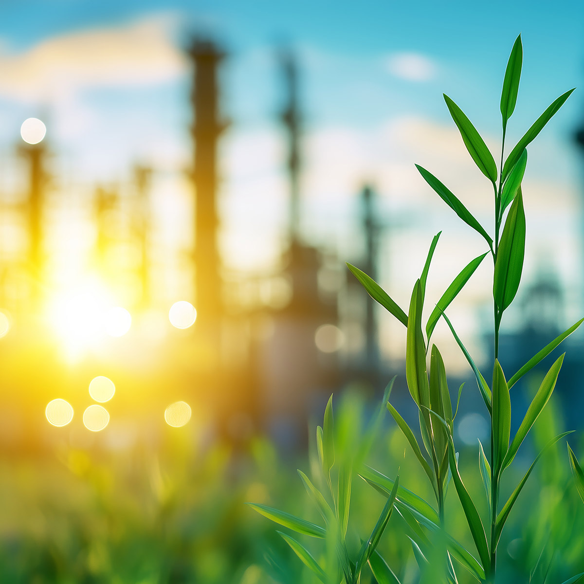 Sprießende Pflanze vor einer Industrieanlage, ki-generiert