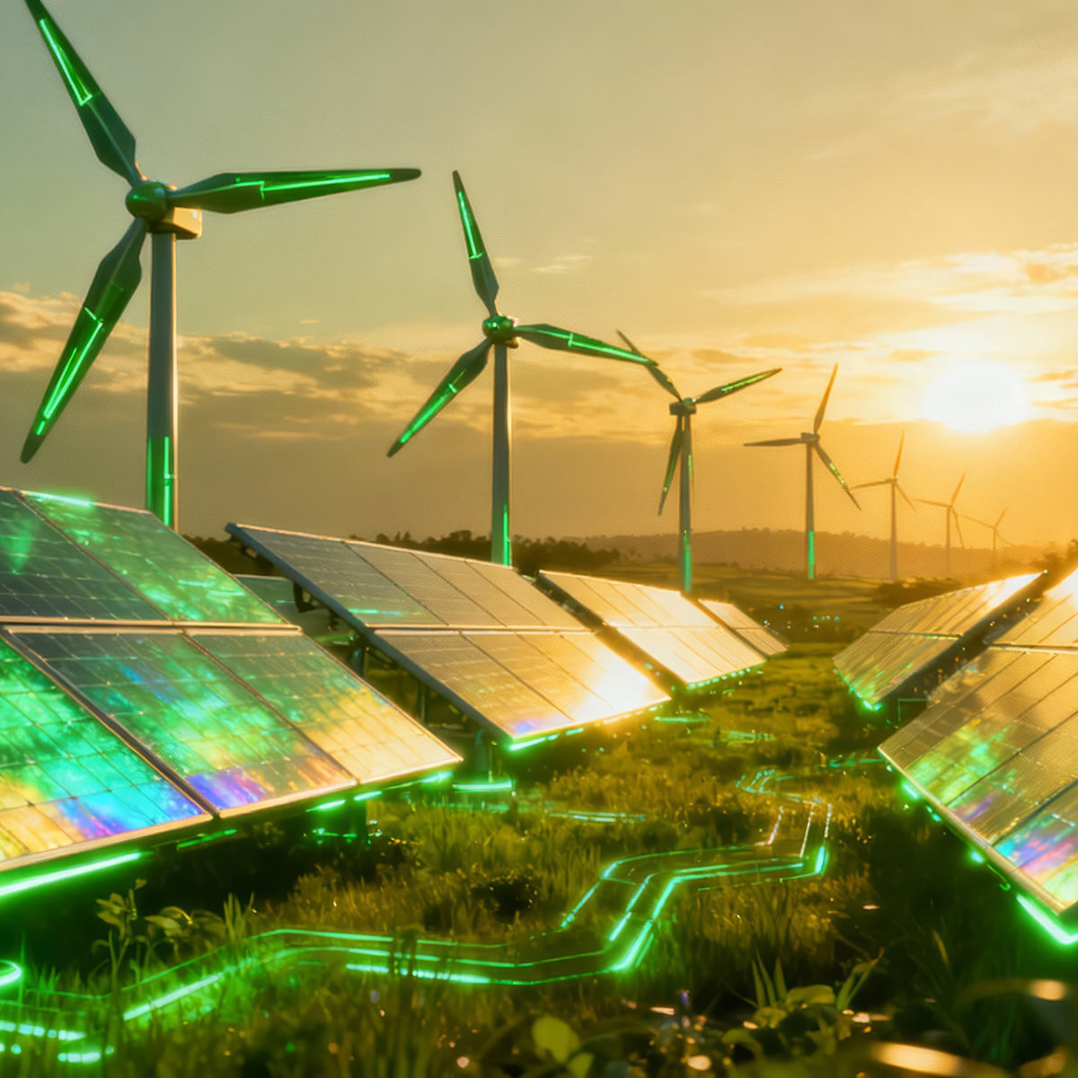 Solarmodule und Windräder in einer Landschaft bei Sonnenuntergang.