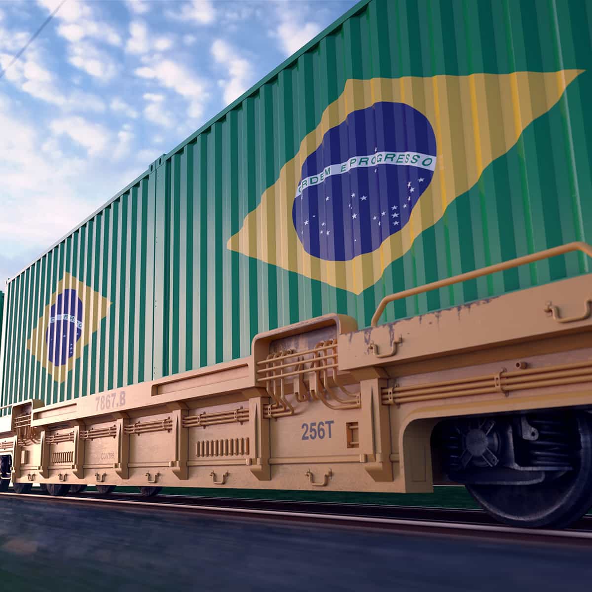                        Transportcontainer mit brasilianischer Flagge auf einem Güterzug