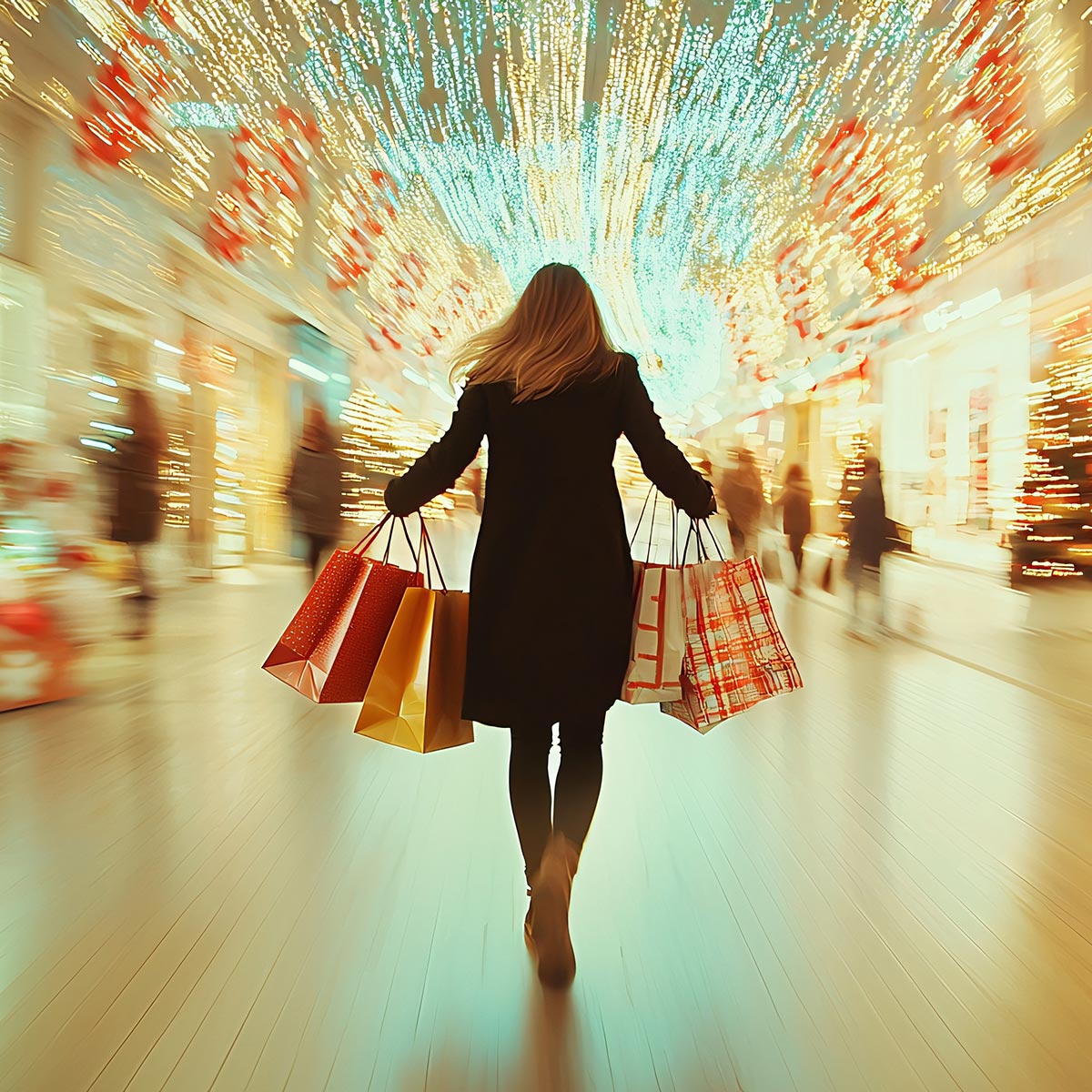Frau von hinten beim Weihnachtsshopping