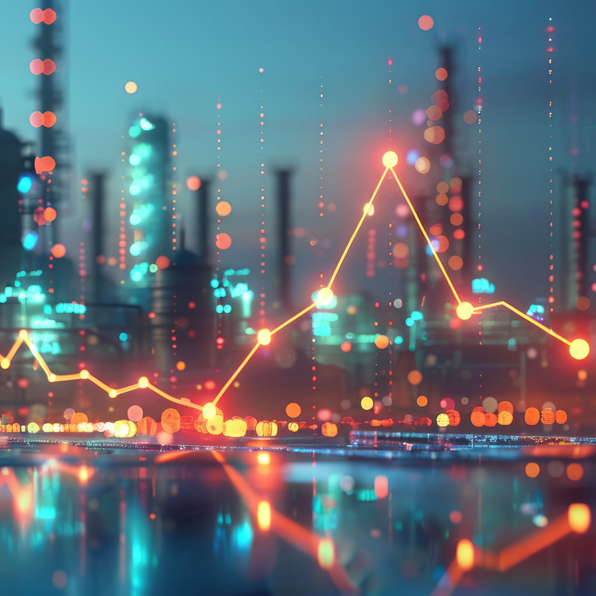 Leuchtende Kurslinie vor unscharfer Industrieanlage als Symbol für wirtschaftliche Entwicklung, ki-generiert