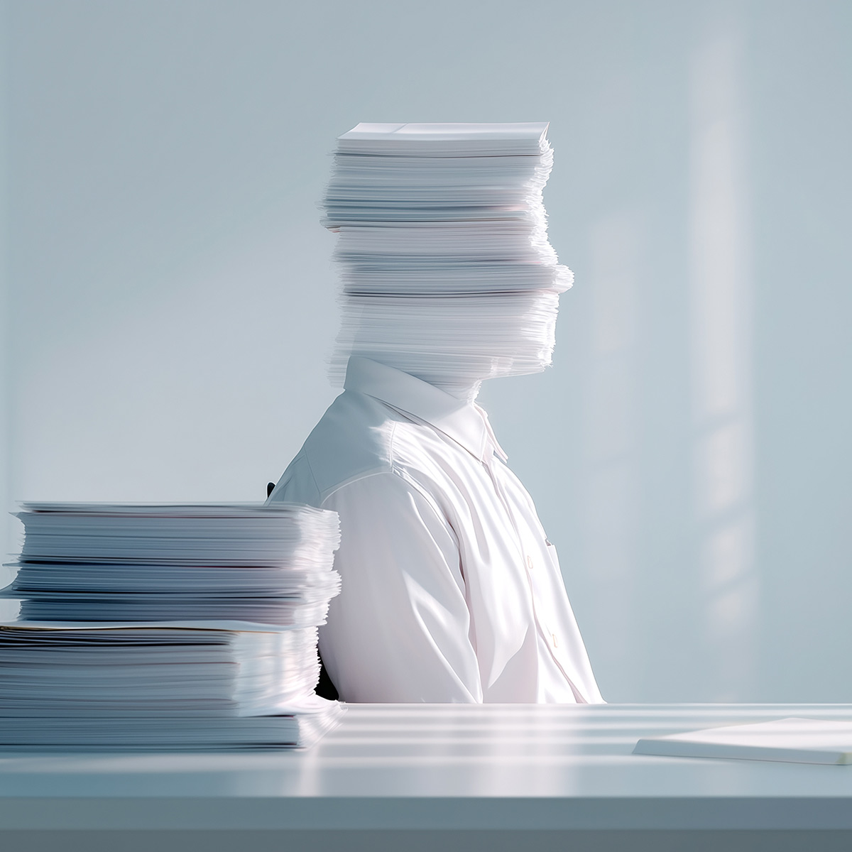 Person sitzt im Büro, statt dem Kopf ist ein Papierstapel zu sehen; weitere Unterlagen liegen am Schreibtisch.