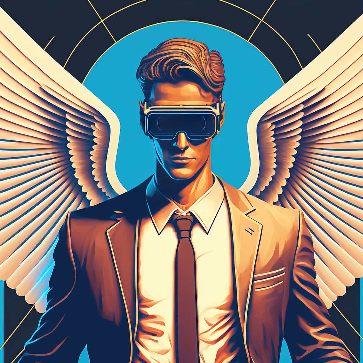 Illustration eines männlichen Business Angels, der eine VR-Brille trägt