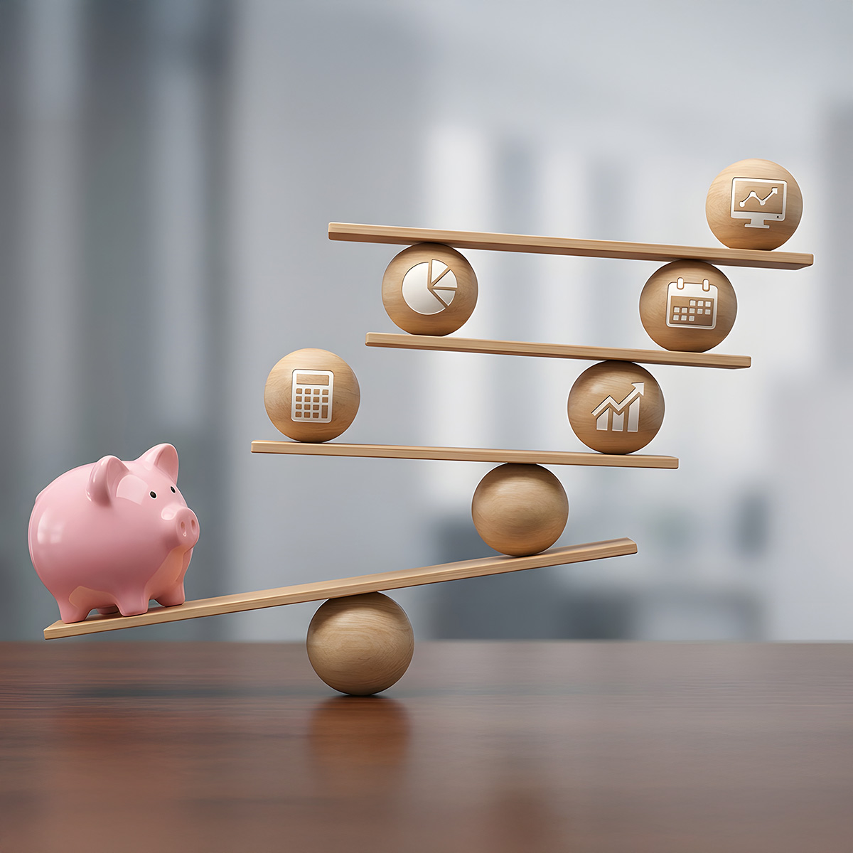 Konzept für ausgewogenes finanzielles Wachstum mit rosa Sparschwein auf Holzwaage und Symbolen für Sparen, Investieren, Planung, Budgetierung, Buchhaltung und Vermögensverwaltung in Büroumgebung