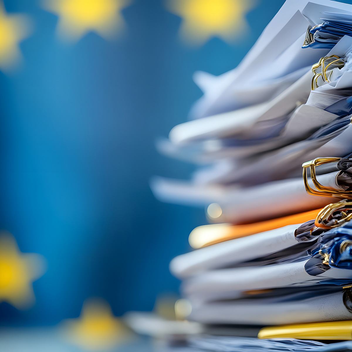 Aktenstapel vor einer EU-Fahne, ki-generiert