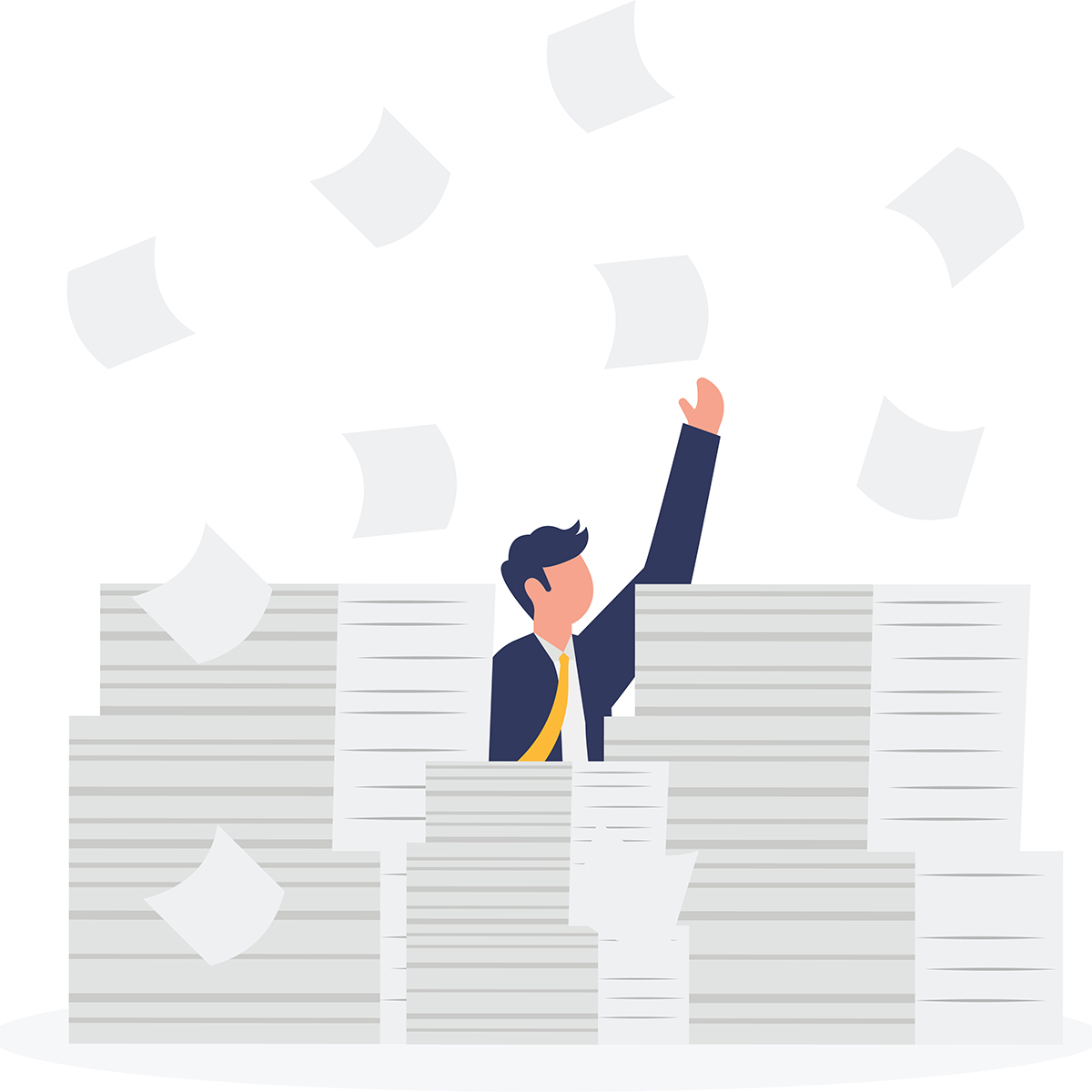 Illustration: Person zwischen hohen Papierstapeln, darüber fliegende Blätter.