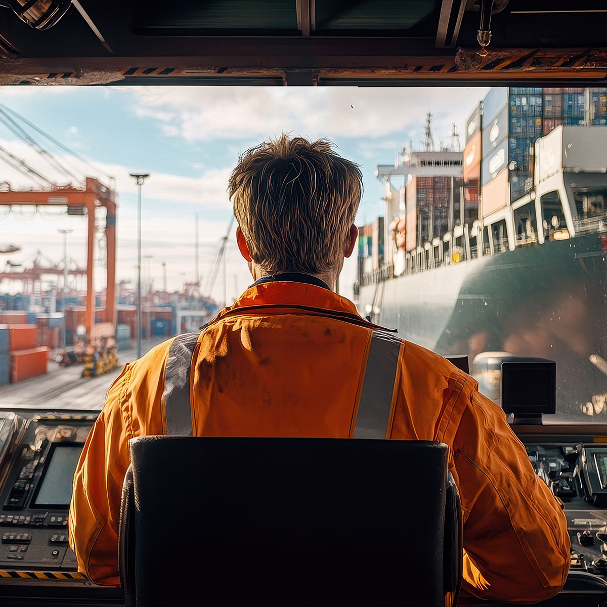 Eine Person in orangefarbener Sicherheitskleidung sitzt in der Steuerkabine eines Hafenkrans und blickt auf ein Containerschiff sowie Hafenanlagen mit Kränen und Containern, ki-generiert.
