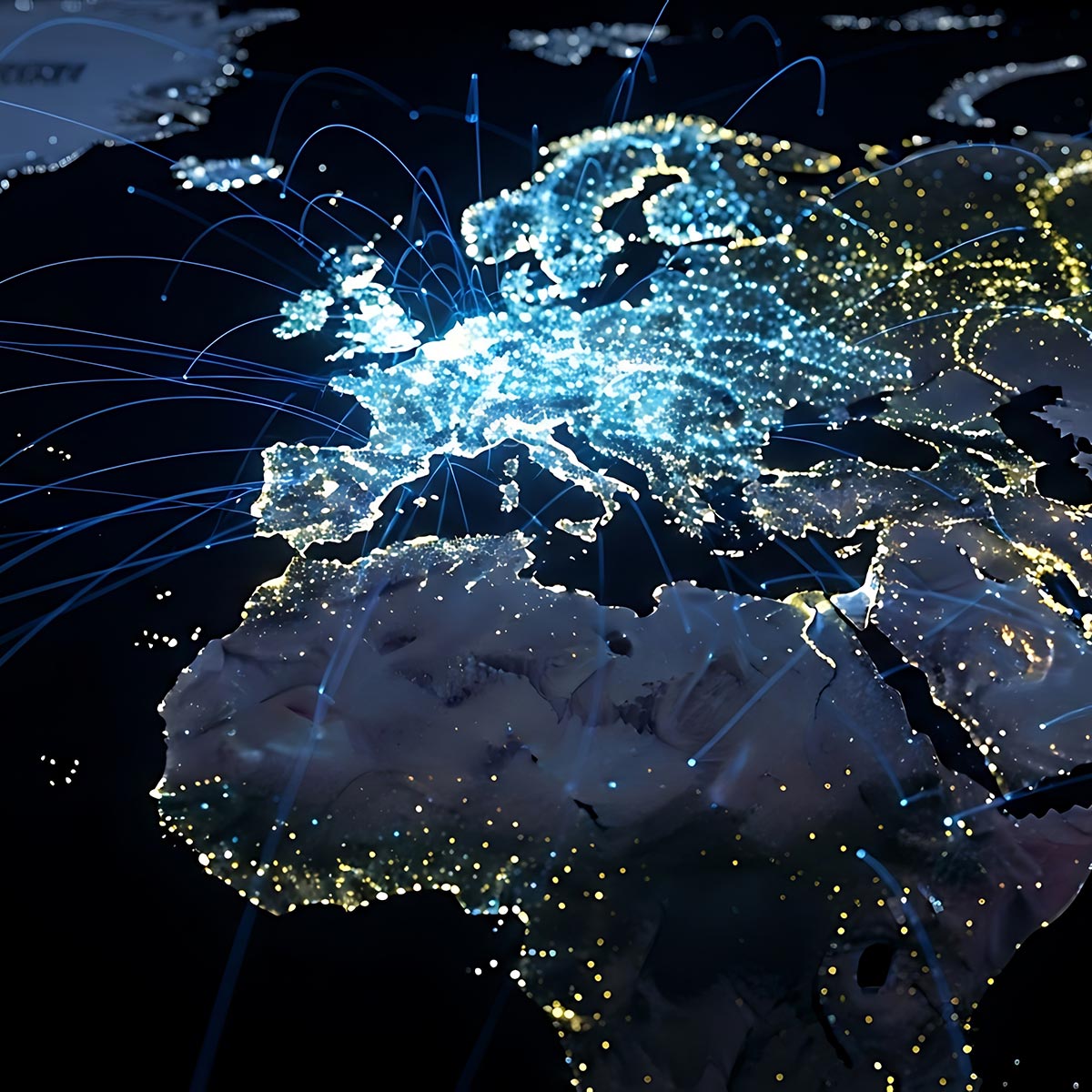 Digitale Illustration einer Weltkarte mit leuchtenden Netzwerkverbindungen rund um Europa, ki-generiert.