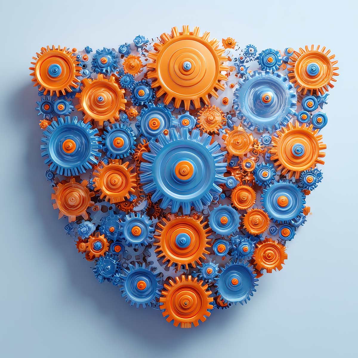 Illustration eines Schilds aus blauen und orangefarbenen Zahnrädern als Symbol für Schutz und Technik.