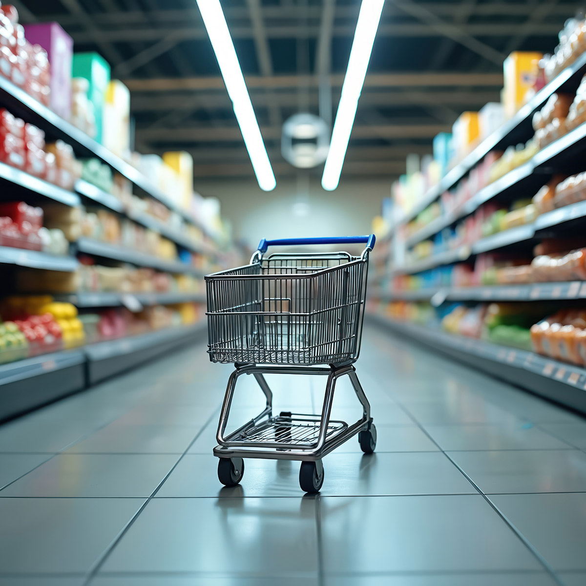 Leerer Einkaufswagen in einem Supermarkt, ki-generiert