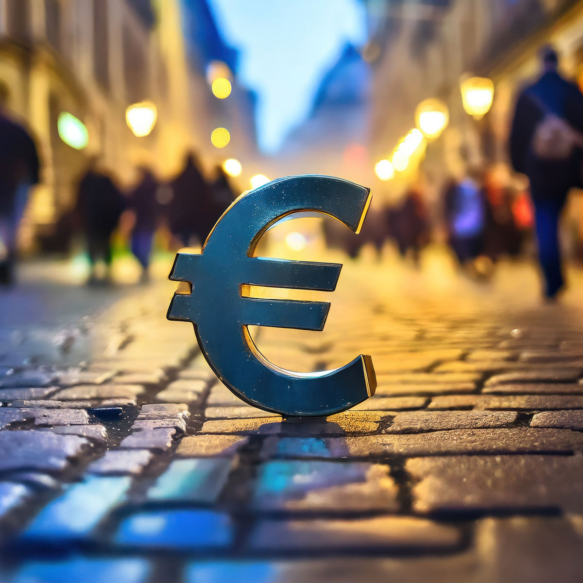 Eurozeichen auf einem Gehsteig vor verschwommenem Hintergrund