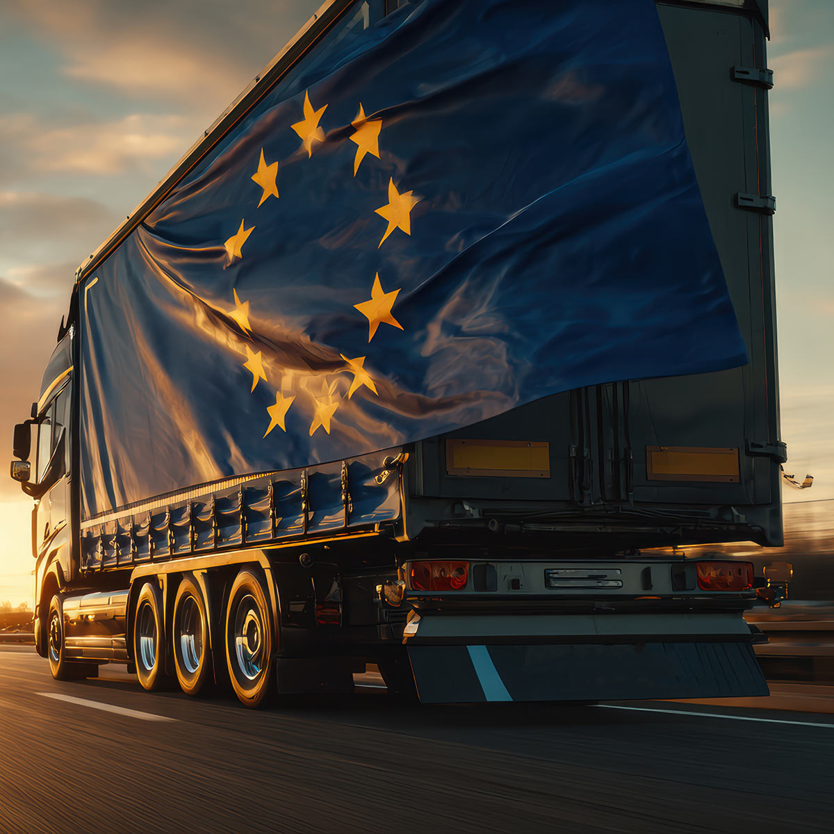Lkw mit EU-Flagge fährt bei Sonnenuntergang auf einer Autobahn.