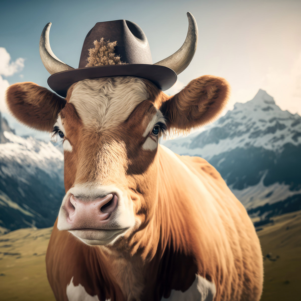 Kuh mit Tiroler Hut vor Bergpanorama