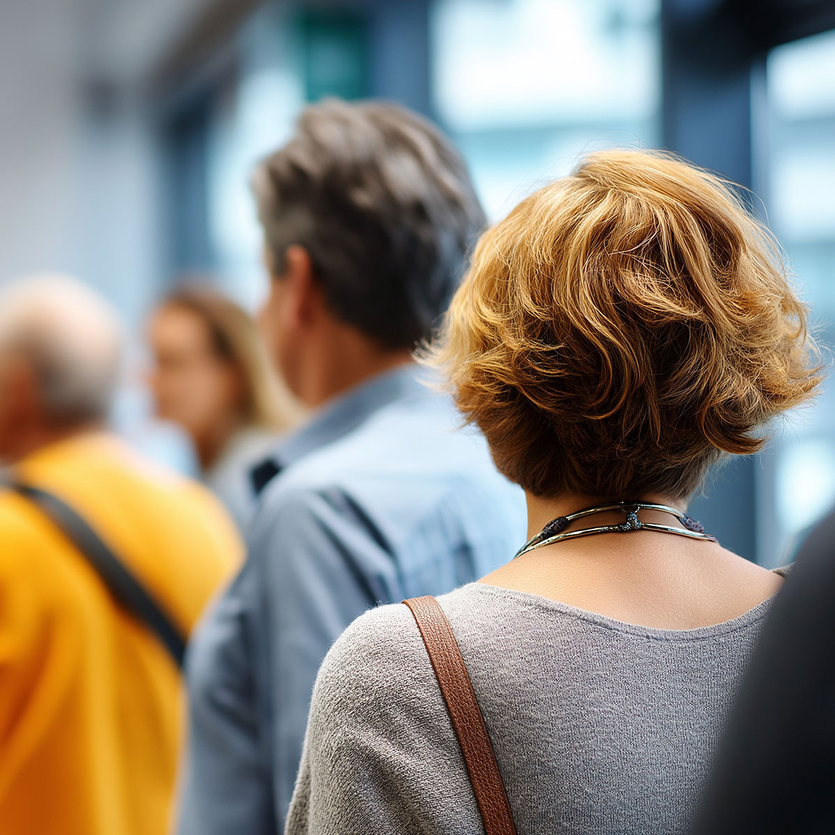 Mehrere Personen in einem Innenraum, Fokus auf Person mit Schultertasche im Vordergrund, ki-generiert