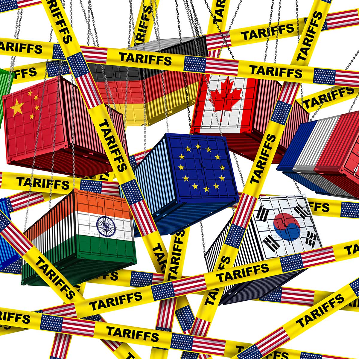 Illustration, die Transportcontainer in diversen Nationalfarben zeigt, davor Absperrband mit der Aufschrift 