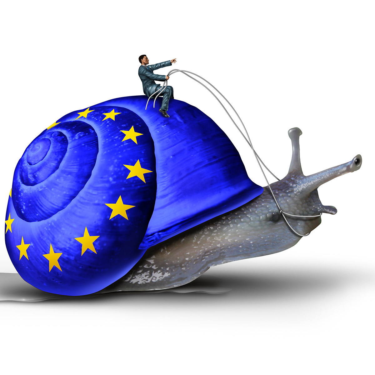Mann reitet eine Schnecke, deren Schneckenhaus die EU-Flagge ziert