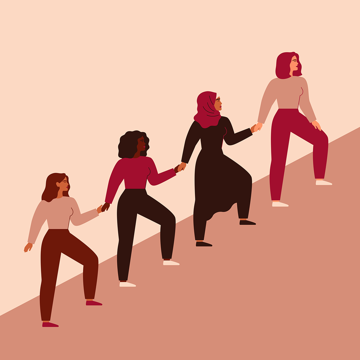 Illustration, die vier Frauen zeigt, die einen Berg besteigen