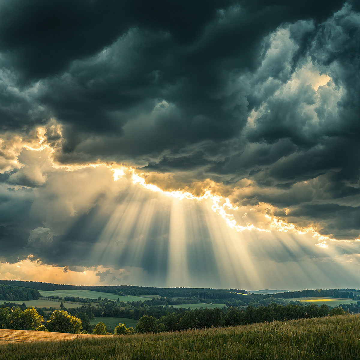 Unwetterwolken mit Sonnenstrahlen, ki-generiert